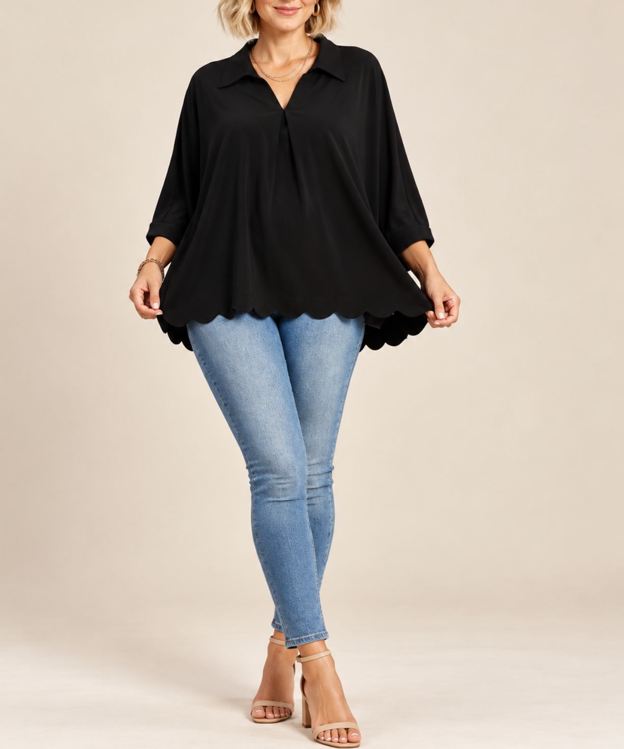 Oversized Collared Top with Scalloped Black