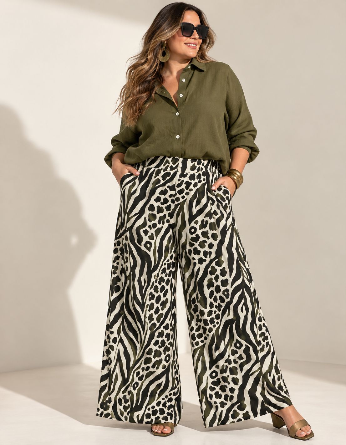 Animal Print Wide Leg Pants Olive