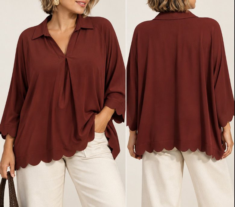 Oversized Collared Top with Scalloped Hem Detail