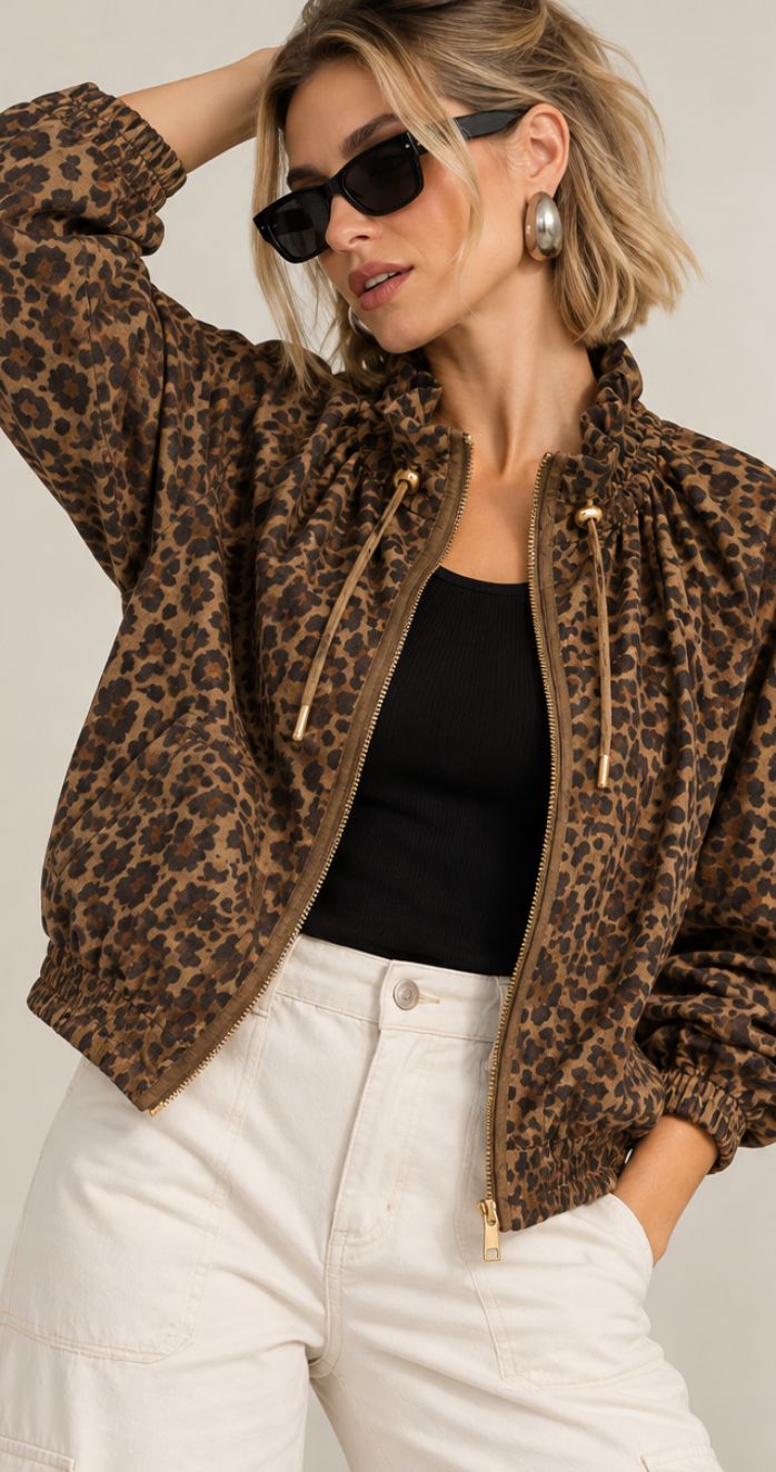 Leopard Print Zip-Up Hooded Jacket