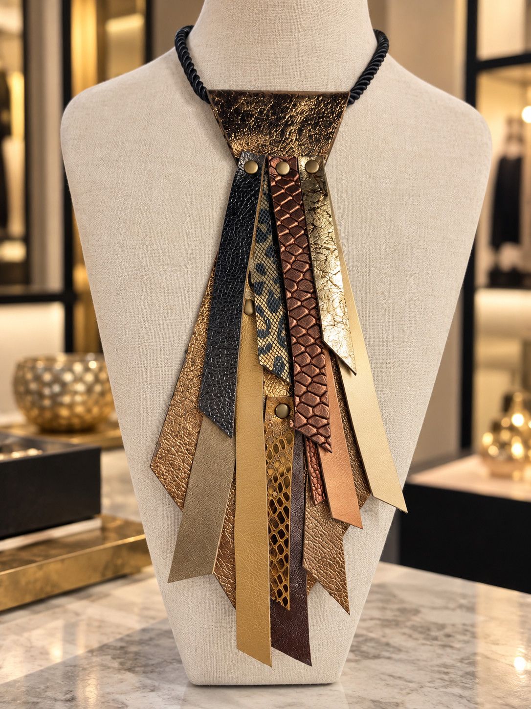 Statement Leather Necktie Necklace – Handmade