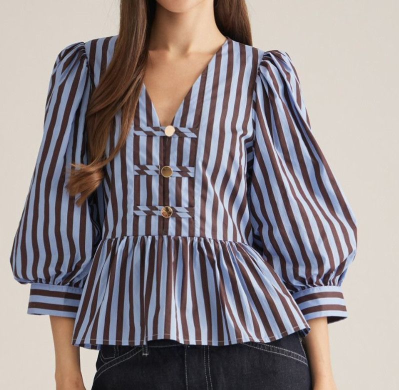 Stripe 3/4 puff sleeve top blue