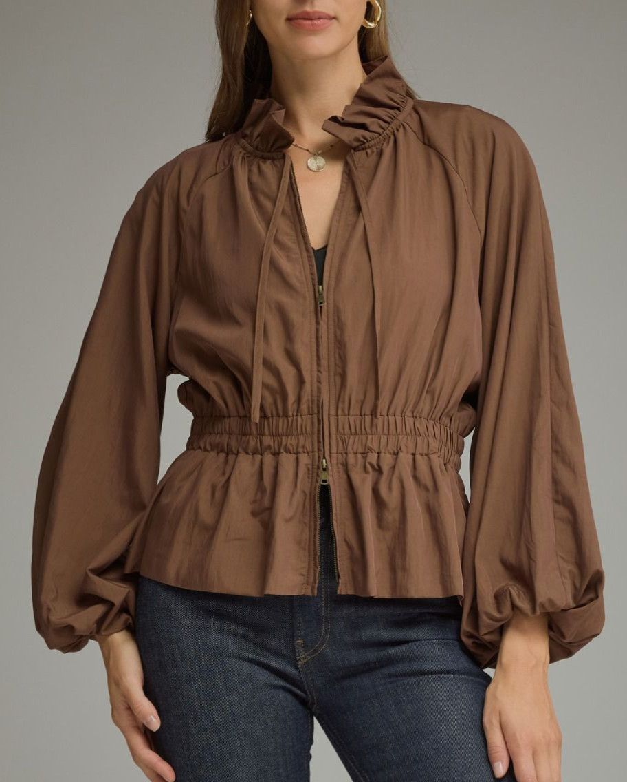  Solid long balloon sleeve jacket choco
