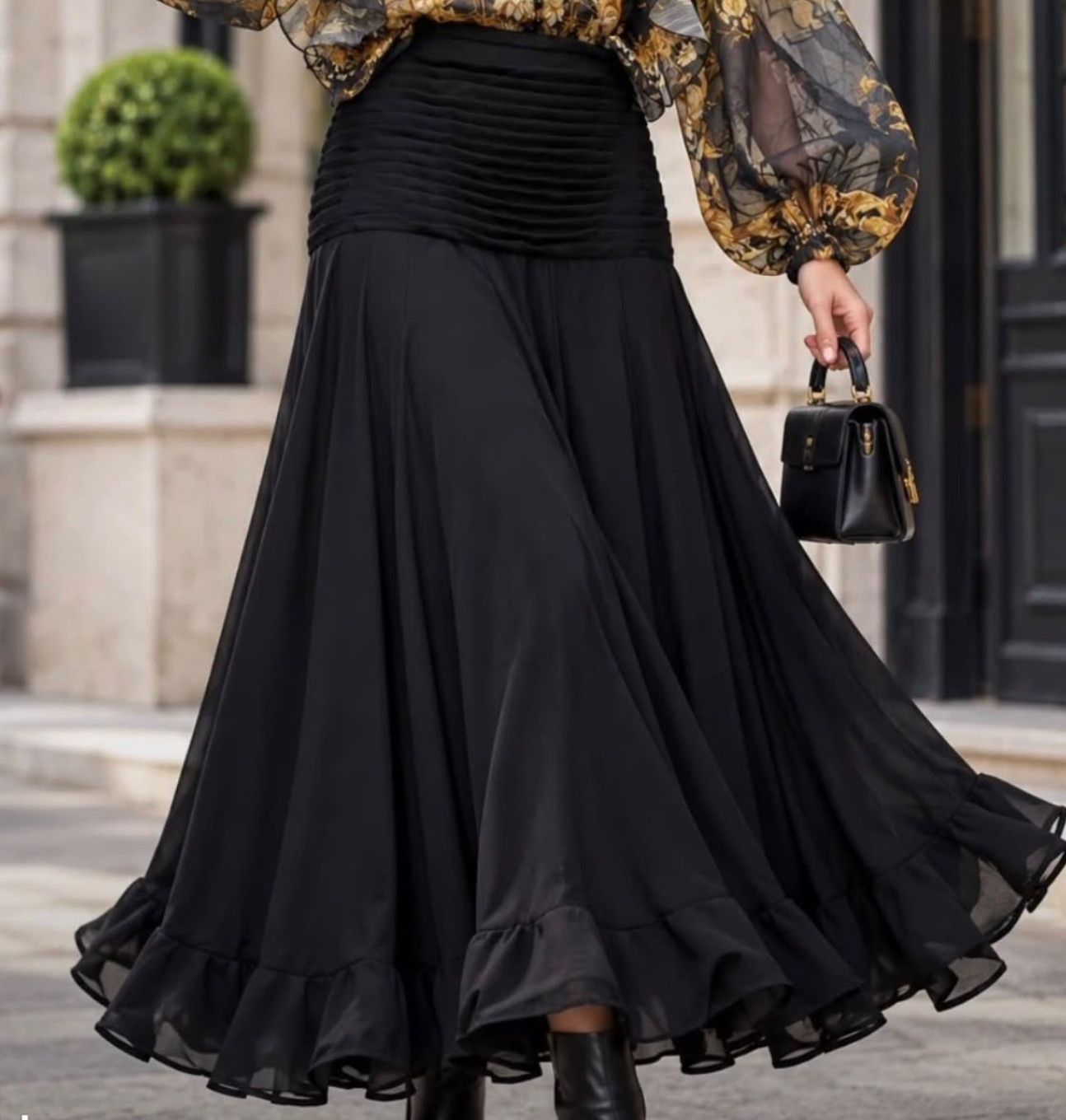 PLEATED FLOUNCE MAXI SKIRT
