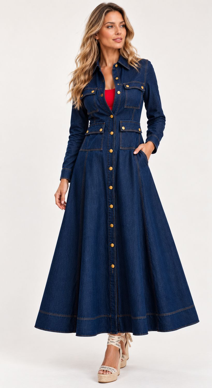 LONG-SLEEVE DENIM A-LINE MAXI DRESS