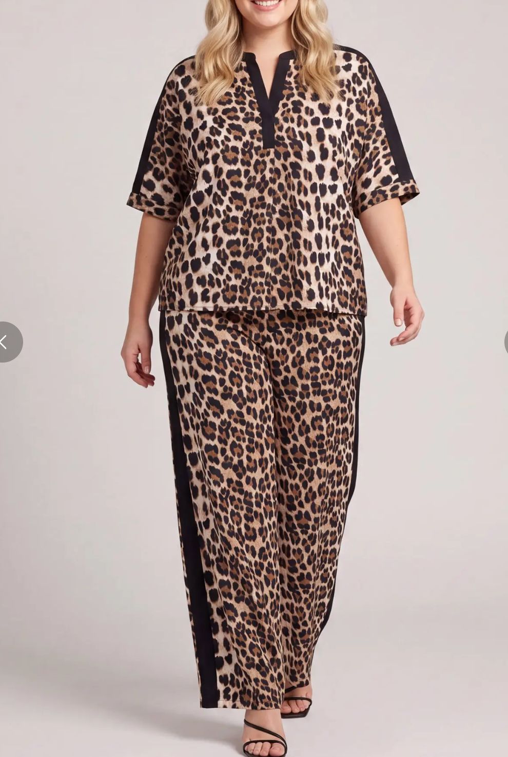 PLUS- HALF SLEEVE TOP AND LONG PANTS LEOPARD PRINT WOVEN SET