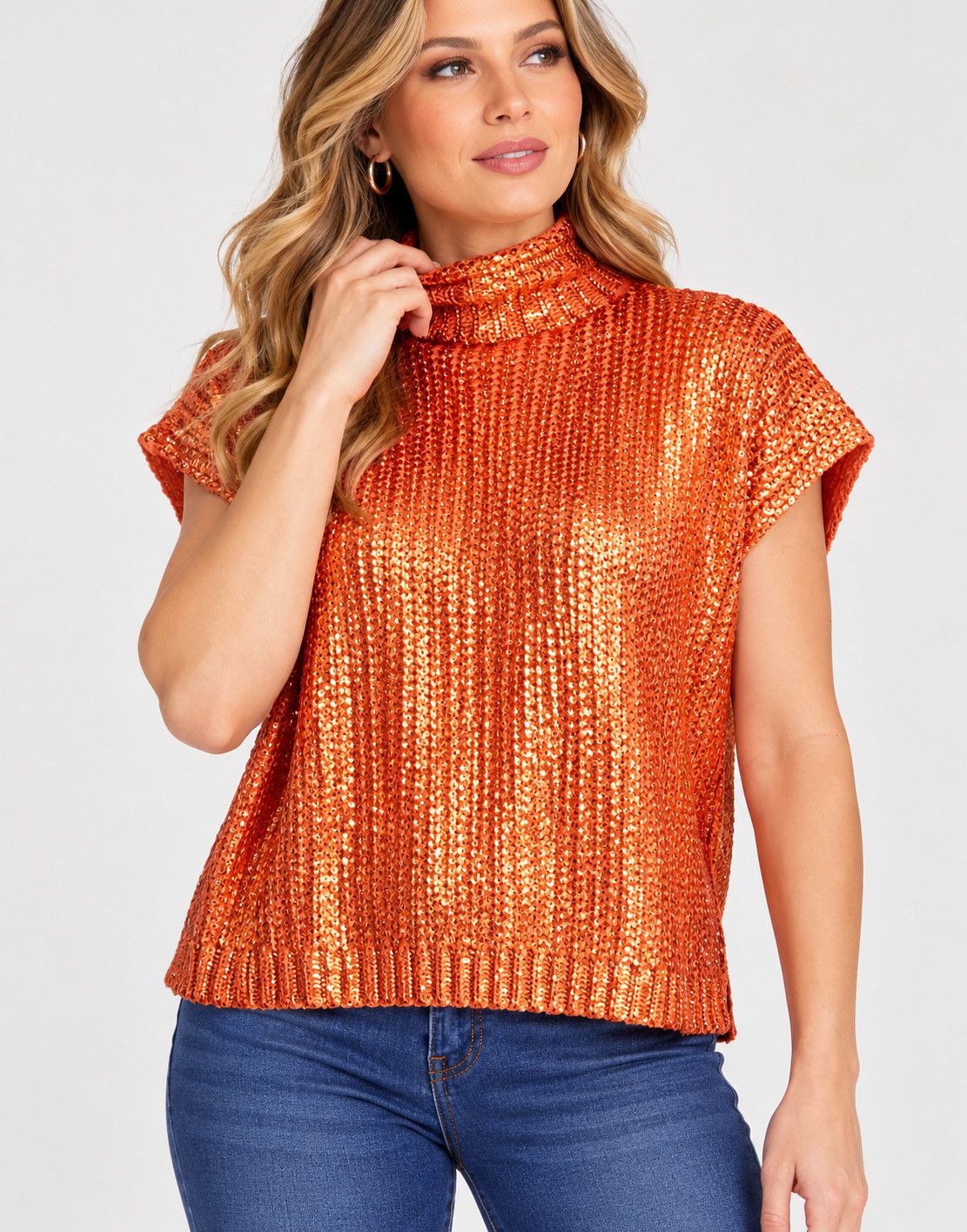 METALLIC FOIL SLEEVELESS TURTLENECK SWEATER TOP