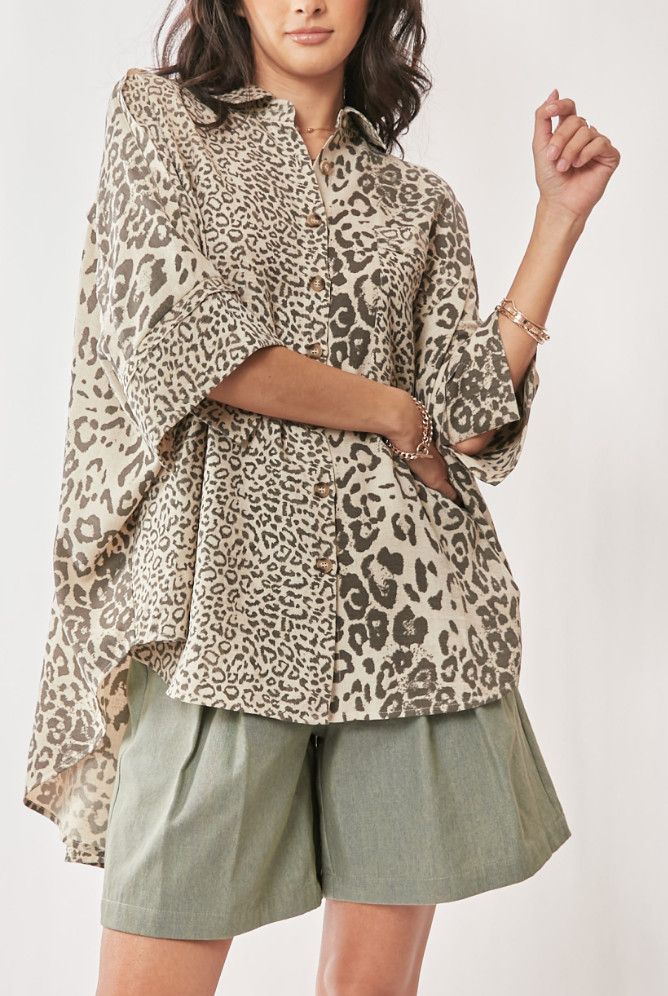 Leopard Print Oversized High-Low Button-Down Shirt