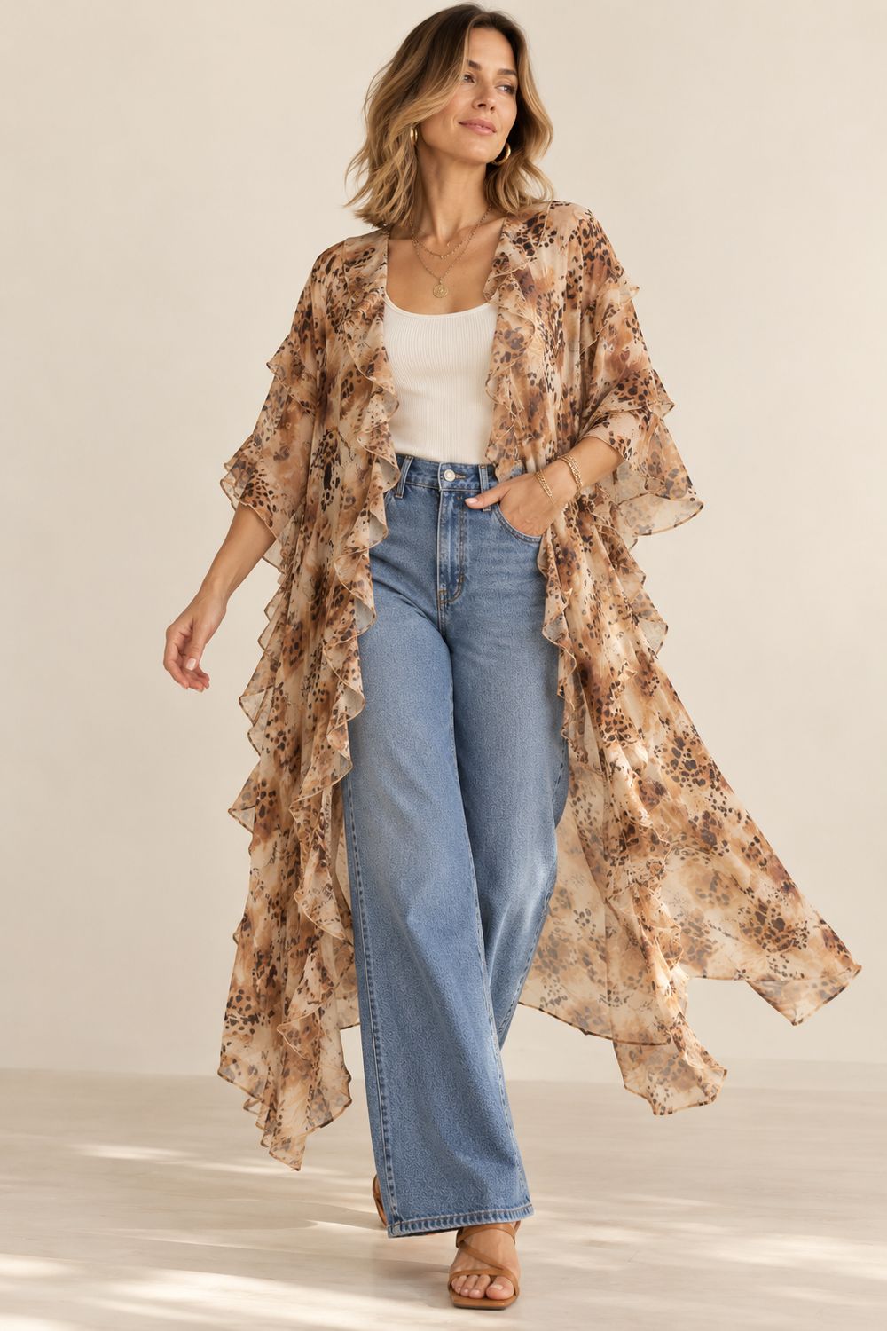 Snake Print Chiffon Ruffle Kimono Duster