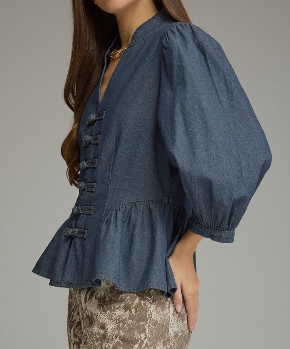 Solid puff sleeve top denim