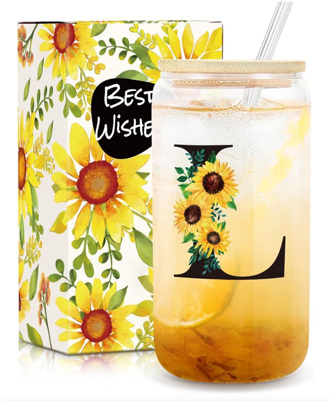 Monogram Glass Cup (L) w Sunflower
