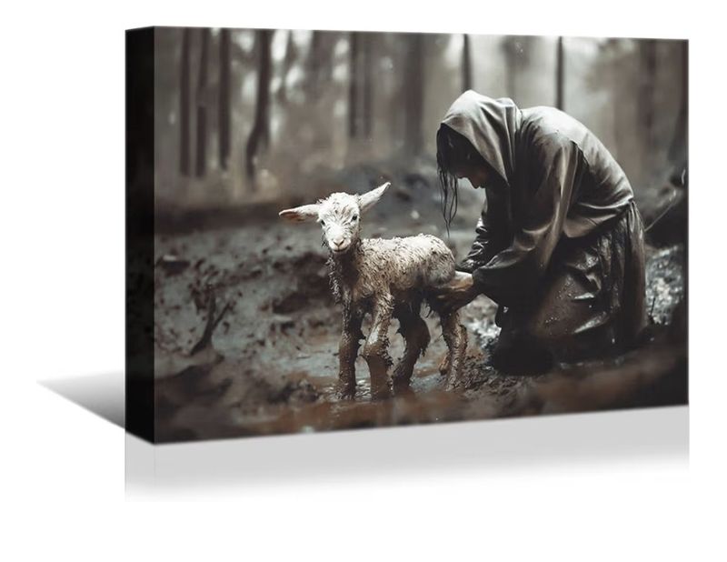 Jesus and Lamb Canvas Wall Art 16 X 12 Inch