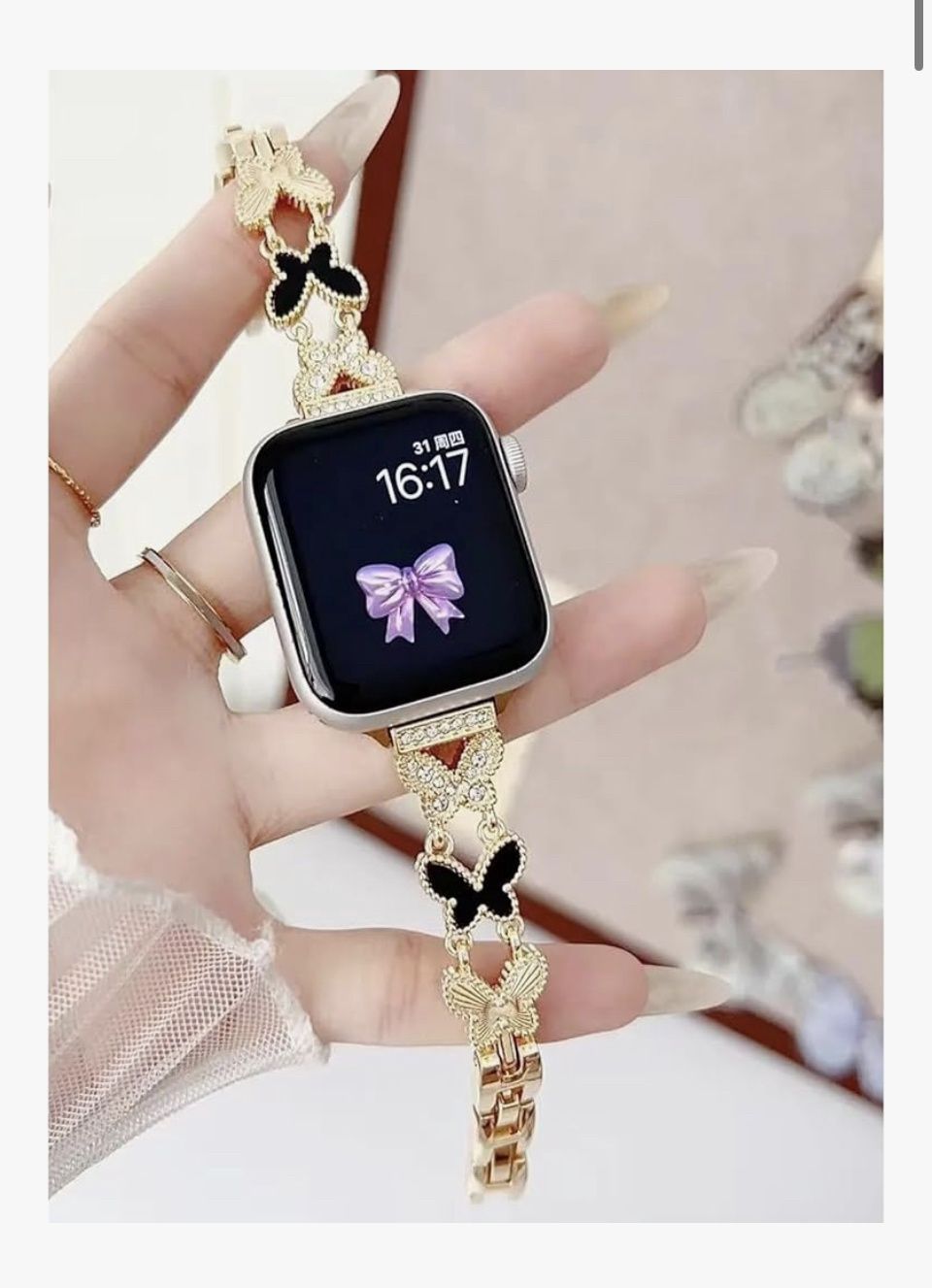 Full Rhinestone Black Shell Butterfly Slim Metal Bracelet