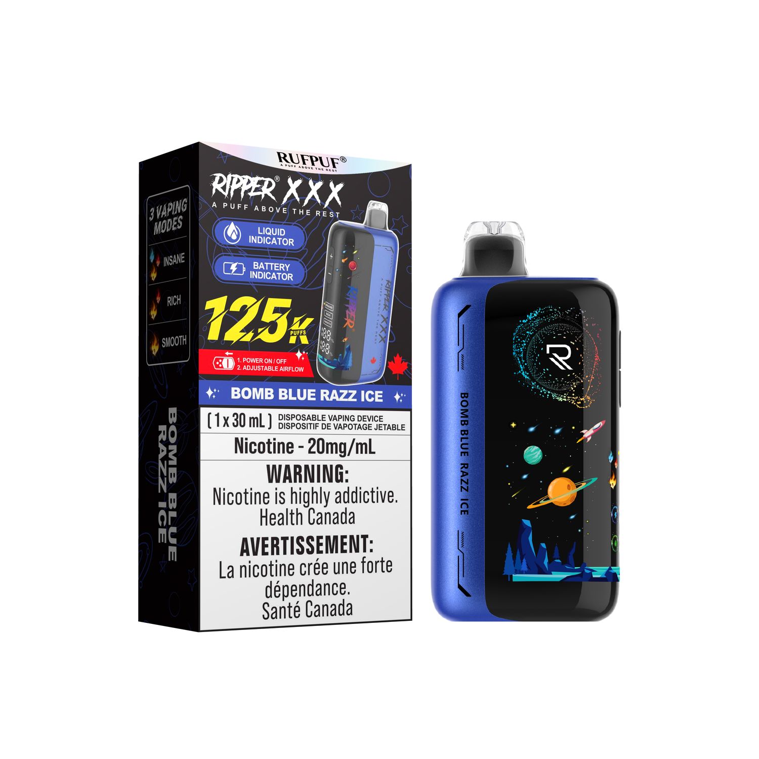 Ripper XXX - 125K, Flavour: Bomb Blue Razz Ice, Nic Level: 20mg