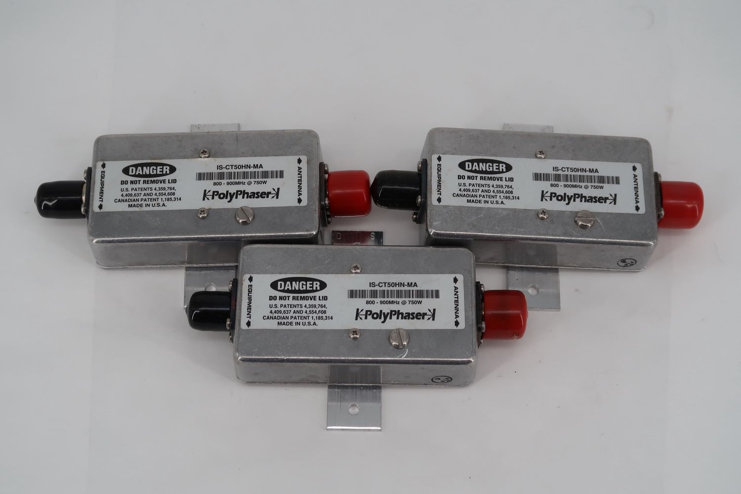 U18977 Used Set of 3 PolyPhaser IS-CT50HN-MA 800-900MHz Lightning Surge Protectors
