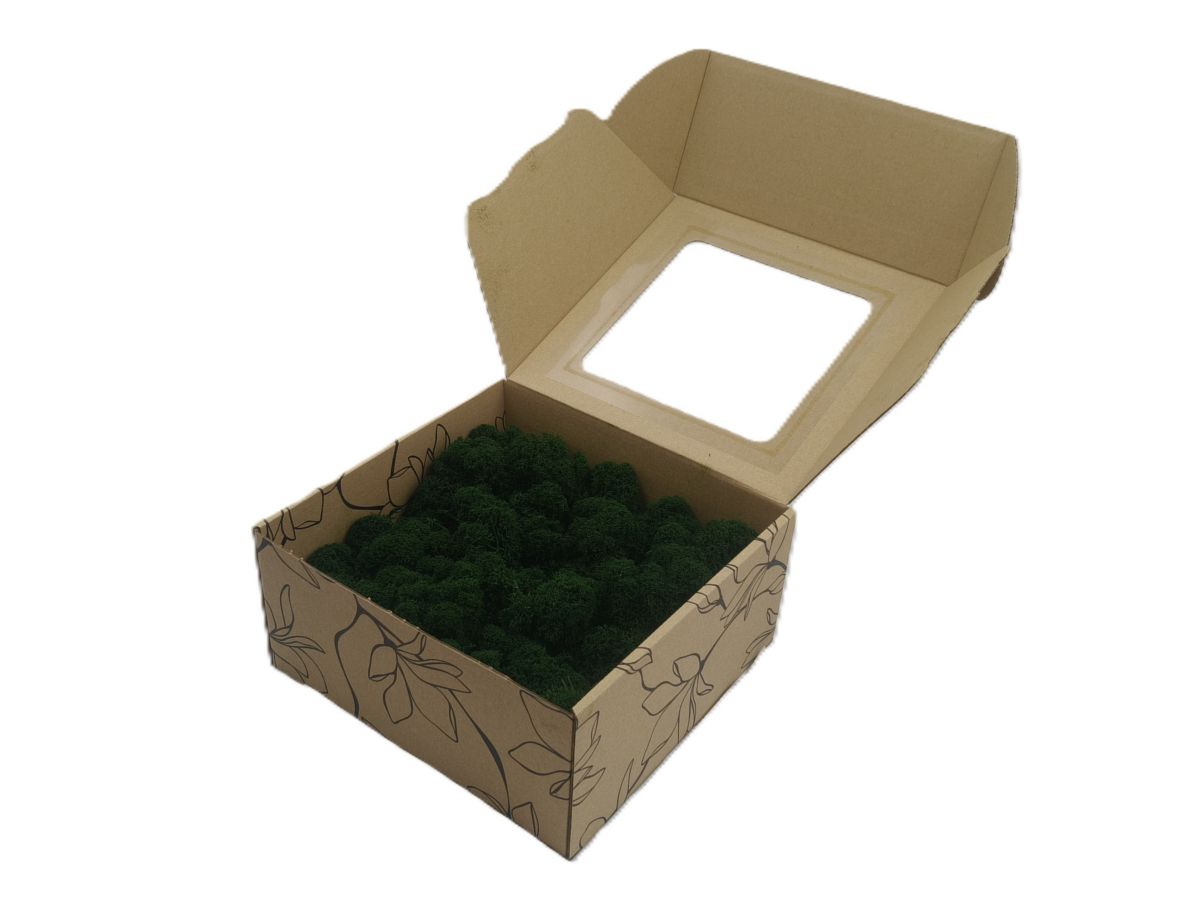 Mech Chrobotek - Mech Reniferowy Fiński w Pudełku z Okienkiem 20x20x10 cm,, Oczyszczony Mech PREMIUM Ciemnozielony - Dark Green
