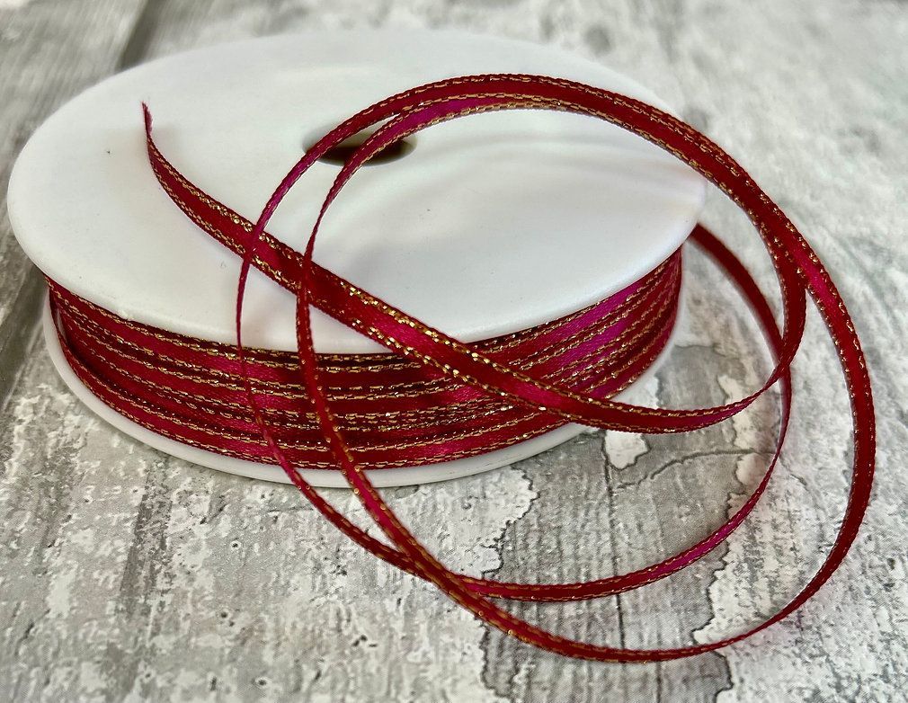 Dark Pink Single Sided Satin Ribbon Lurex Edge 3mm wide Dark Pink Single Sided Satin Ribbon Lurex Edge 3mm wide