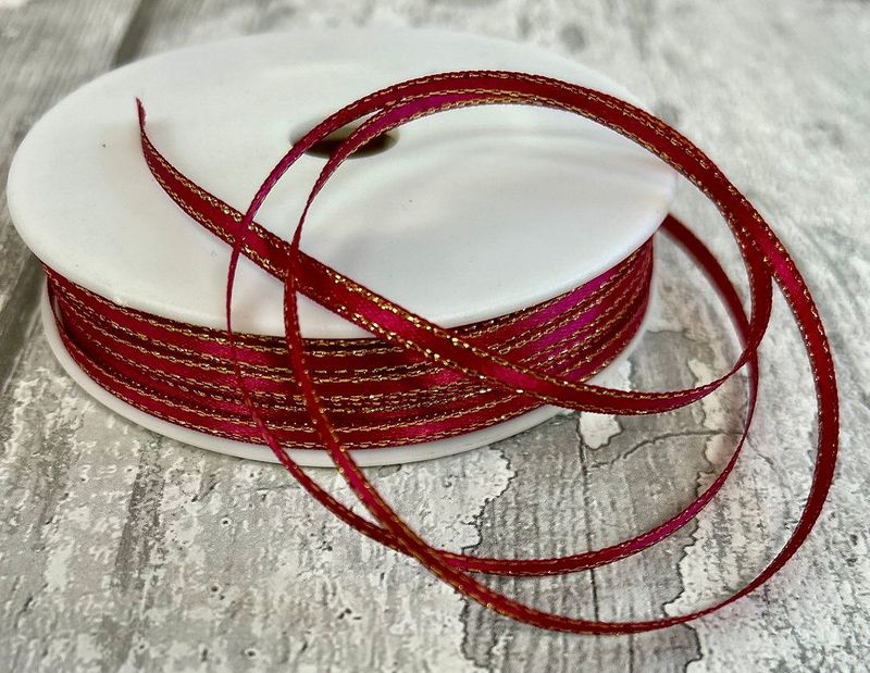 Dark Pink Single Sided Satin Ribbon Lurex Edge 3mm wide Dark Pink Single Sided Satin Ribbon Lurex Edge 3mm wide