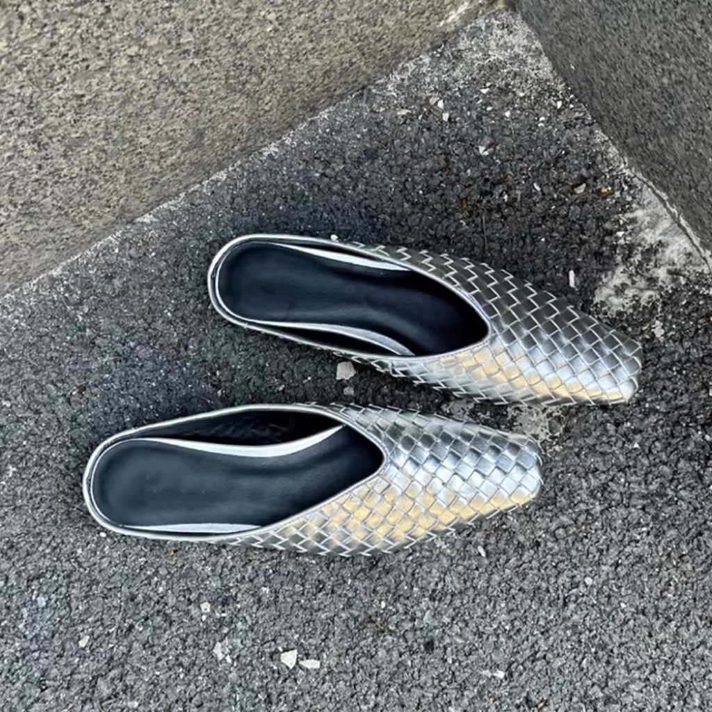 零碼_銀色小方頭牛皮編織穆勒鞋