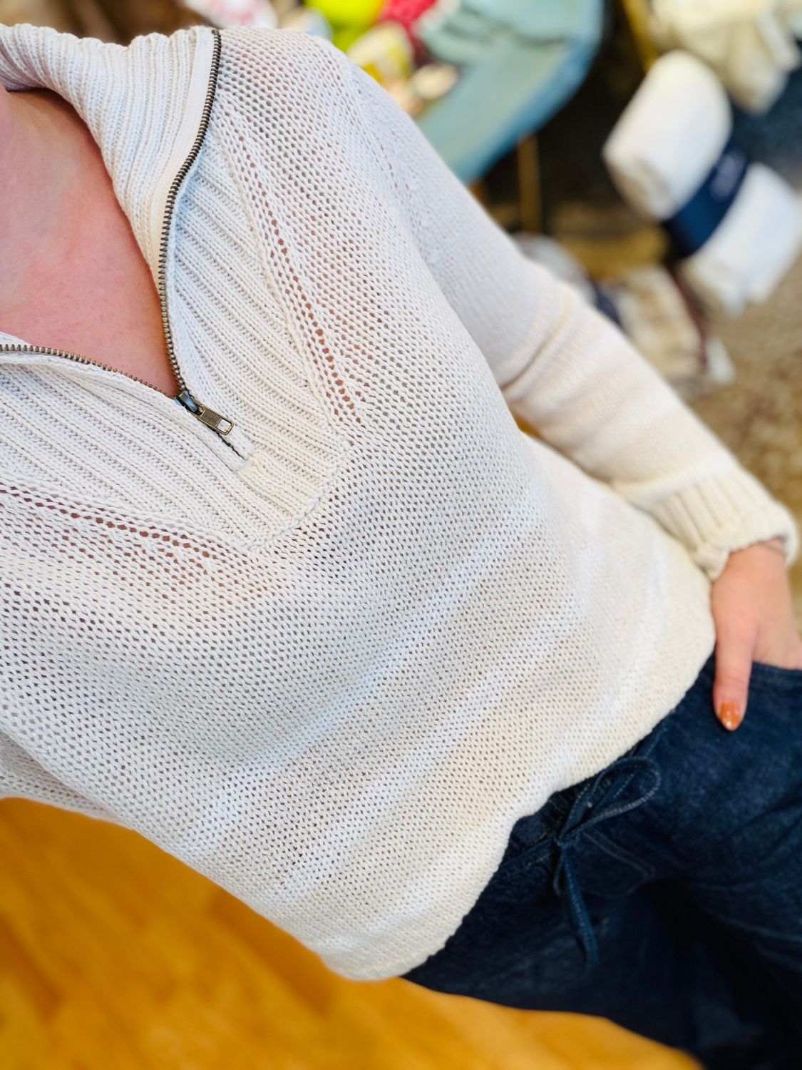 Petra Striped Zip Top Cotton, COLOR: Khaki/Breaker White, Size: X/S