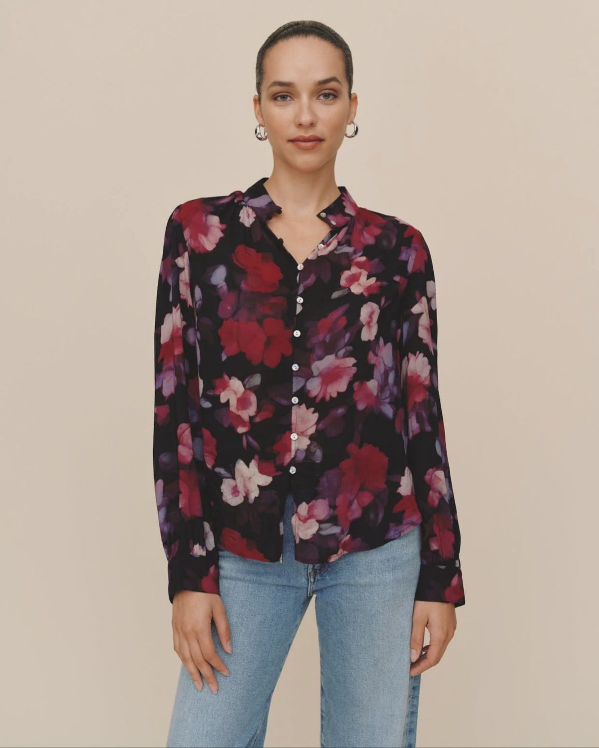 SHIRRED BUTTON UP BLOUSE, COLOR: BERRY BLOOM, Size: XS
