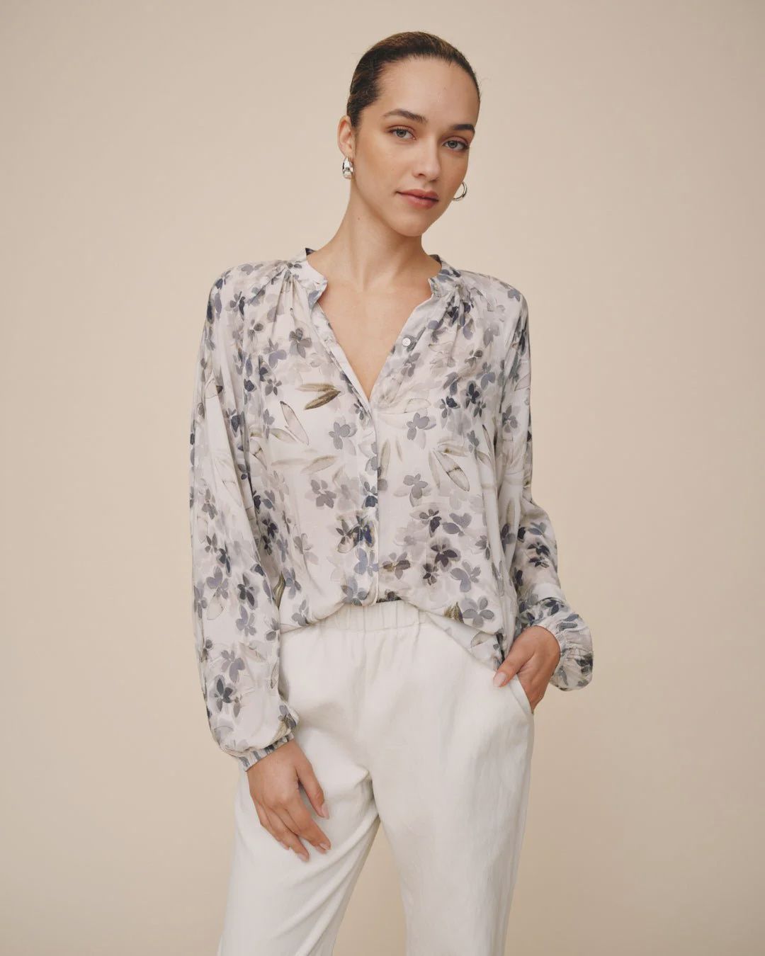 LONG SLEEVE SHIRRED RAGLAN SHIRT-W25, COLOR: FROZEN WISTERIA, Size: XS