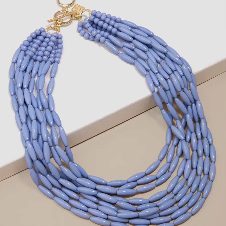 GLOSSY BEADED NECKLACE, COLOR: LT BLUE