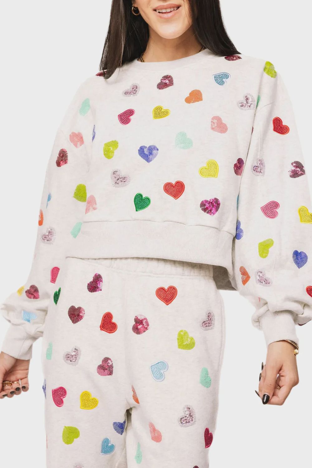 Light Grey Rhinestone Heart Sweatshirt