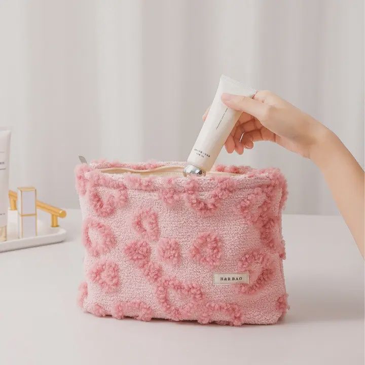Plush Pink Jacquard Makeup Bag, Size: SM
