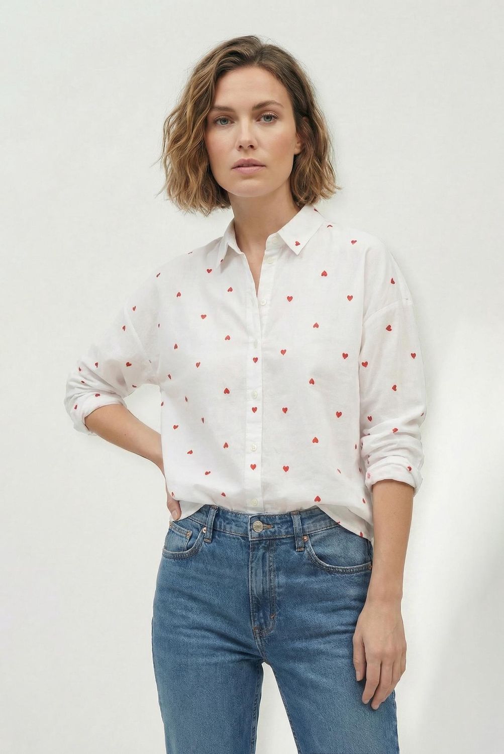 Embroidered Hearts Button Down, COLOR: WHITE, Size: XS