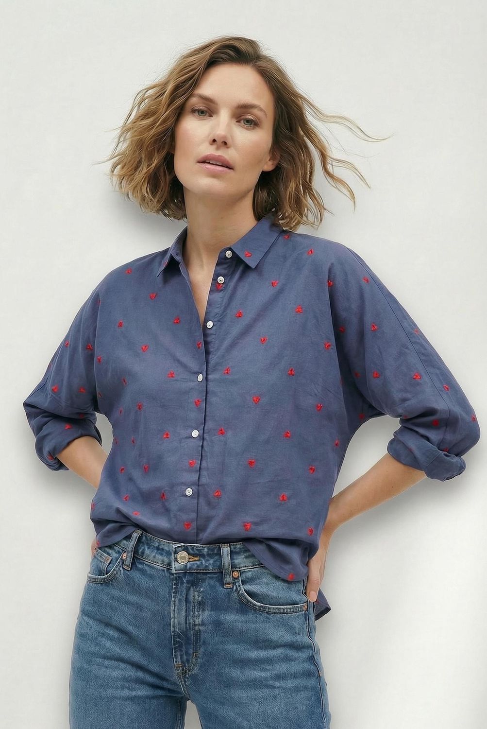 Embroidered Hearts Button Down