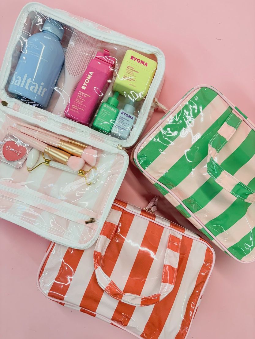 Glossy Pink &amp; Green Stripe Travel Case