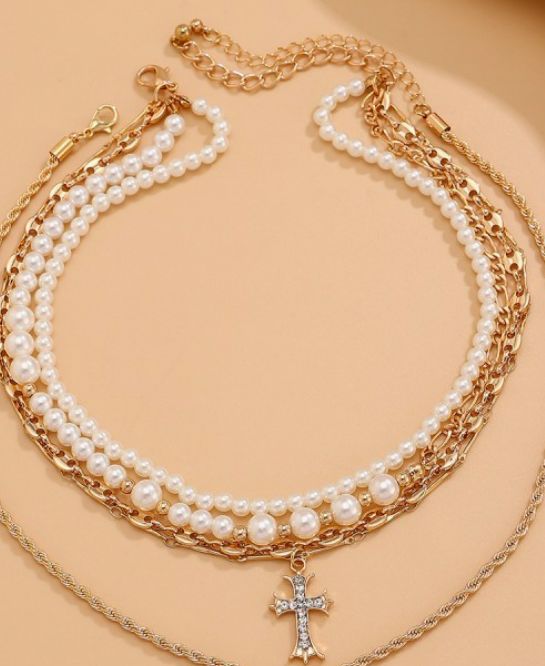 Pearl &amp; Gold Cross Charm Necklace