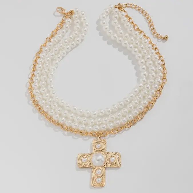 Chunky Pearl Cross Layered Necklace