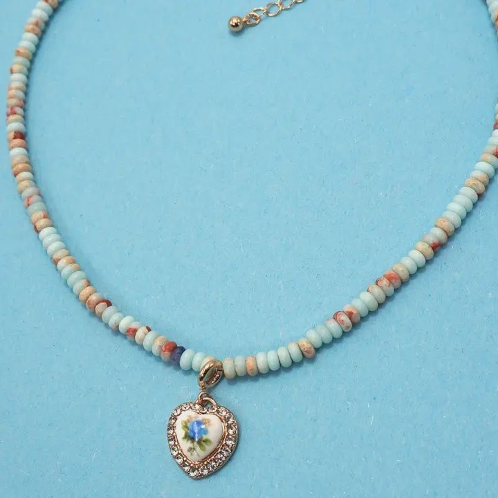 Vintage Heart Charm Beaded Necklace