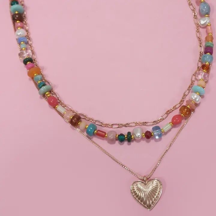 Layered Beaded Heart Charm Necklace