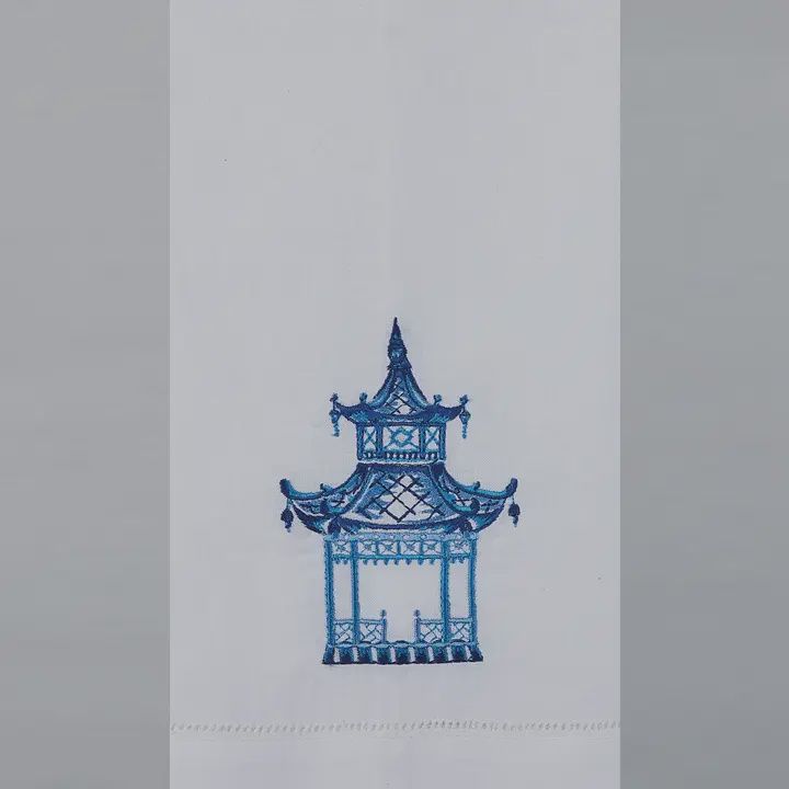 Chinoiseries Pagoda Embroidered Tea Towel