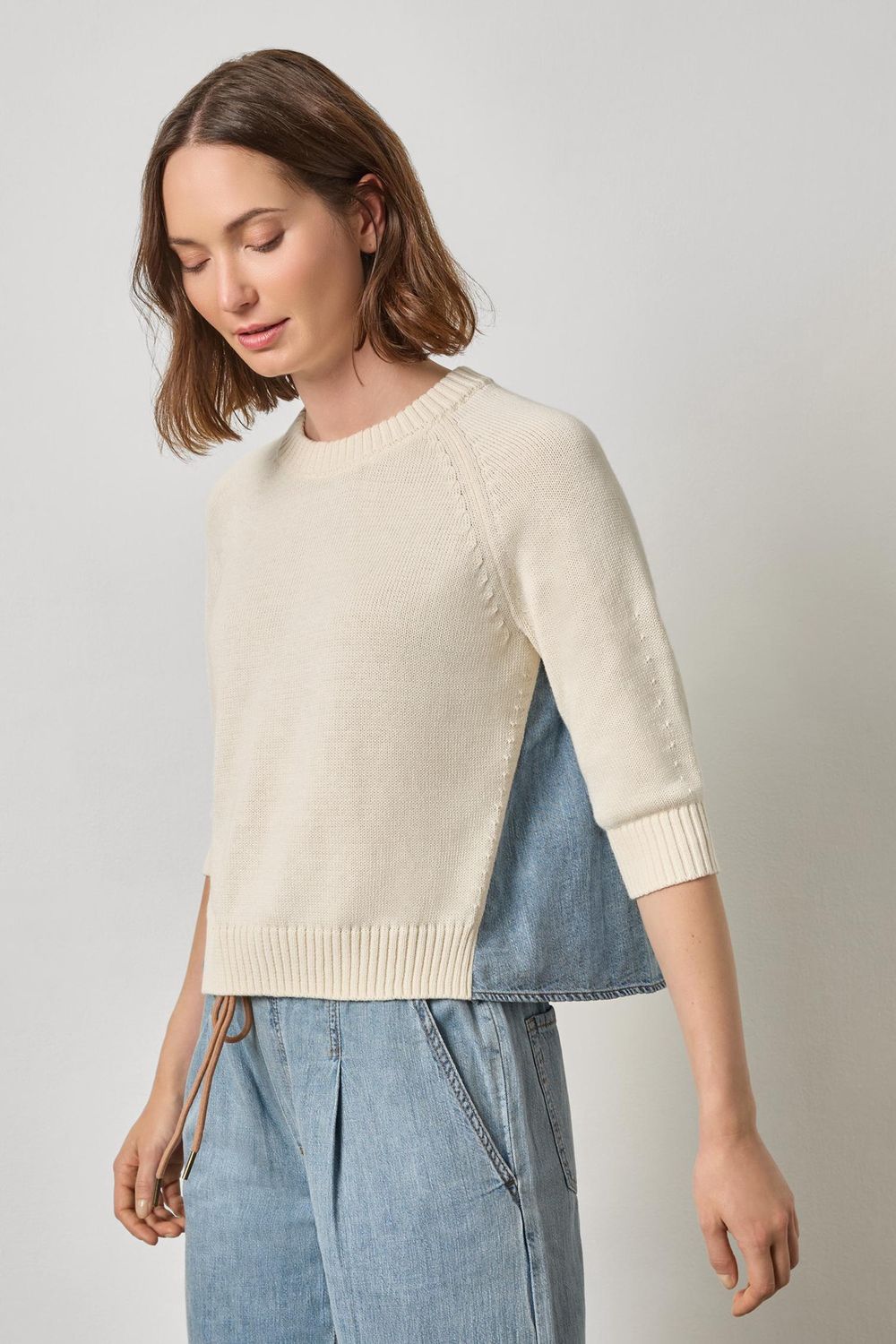 Denim Elbow Sleeve Sweater, COLOR: Off White, Size: XS