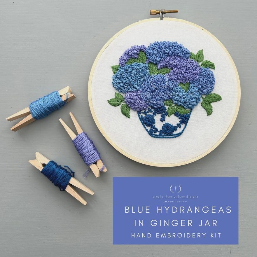 Hand Embroidery Kit Blue Hydrangeas in Ginger Jar