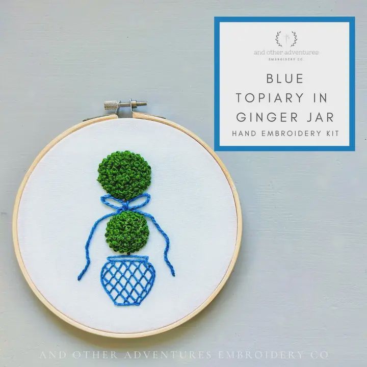Hand Embroidery Kit Blue Topiary in Ginger Jar