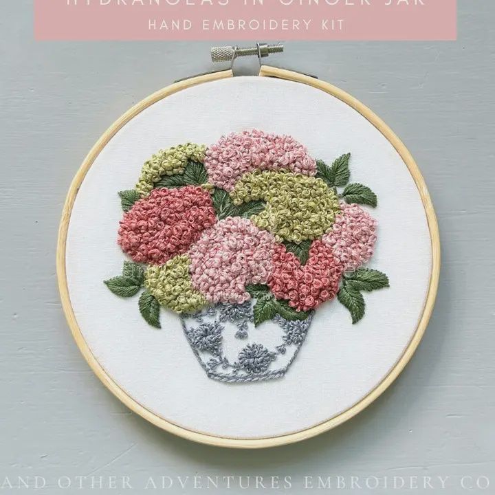 Hand Embroidery Kit Mauve &amp; Lime Hydrangeas in Ginger Jar