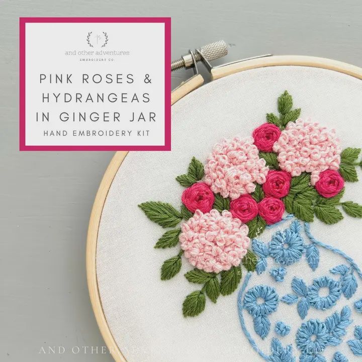 Hand Embroidery Kit Pink Roses &amp; Hydrangeas in Ginger Jar