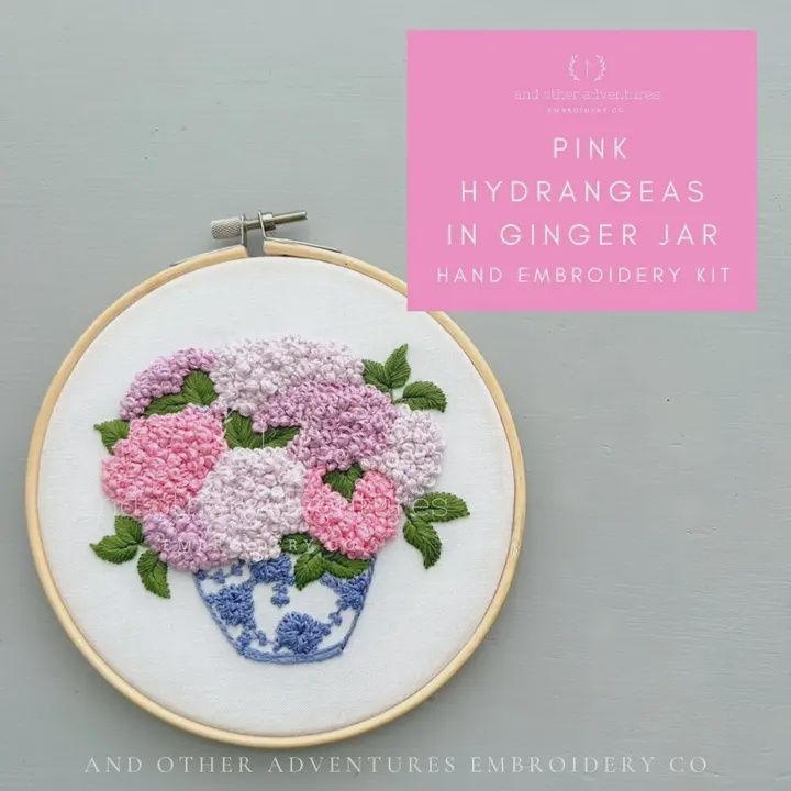 Hand Embroidery Kit Pink Hydrangeas in Ginger Jar