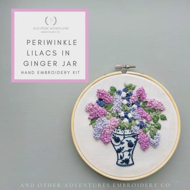 Hand Embroidery Kit Periwinkle Lilacs in Ginger Jar