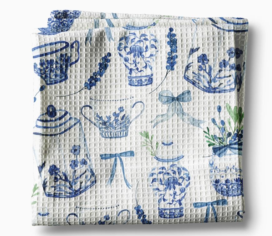 Chinoiserie Floral Kitchen Towel Vase Blue White Spring Bow