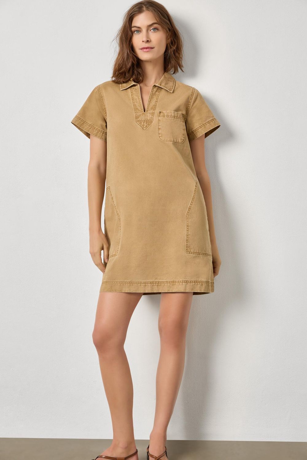 Twill Split Neck Collared Dress, COLOR: Buckwheat, Size: S