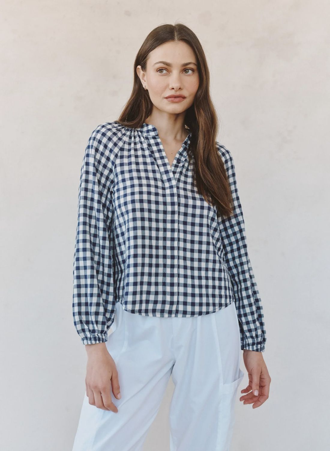 Long Sleeve Shirred Raglan Shirt Gingham