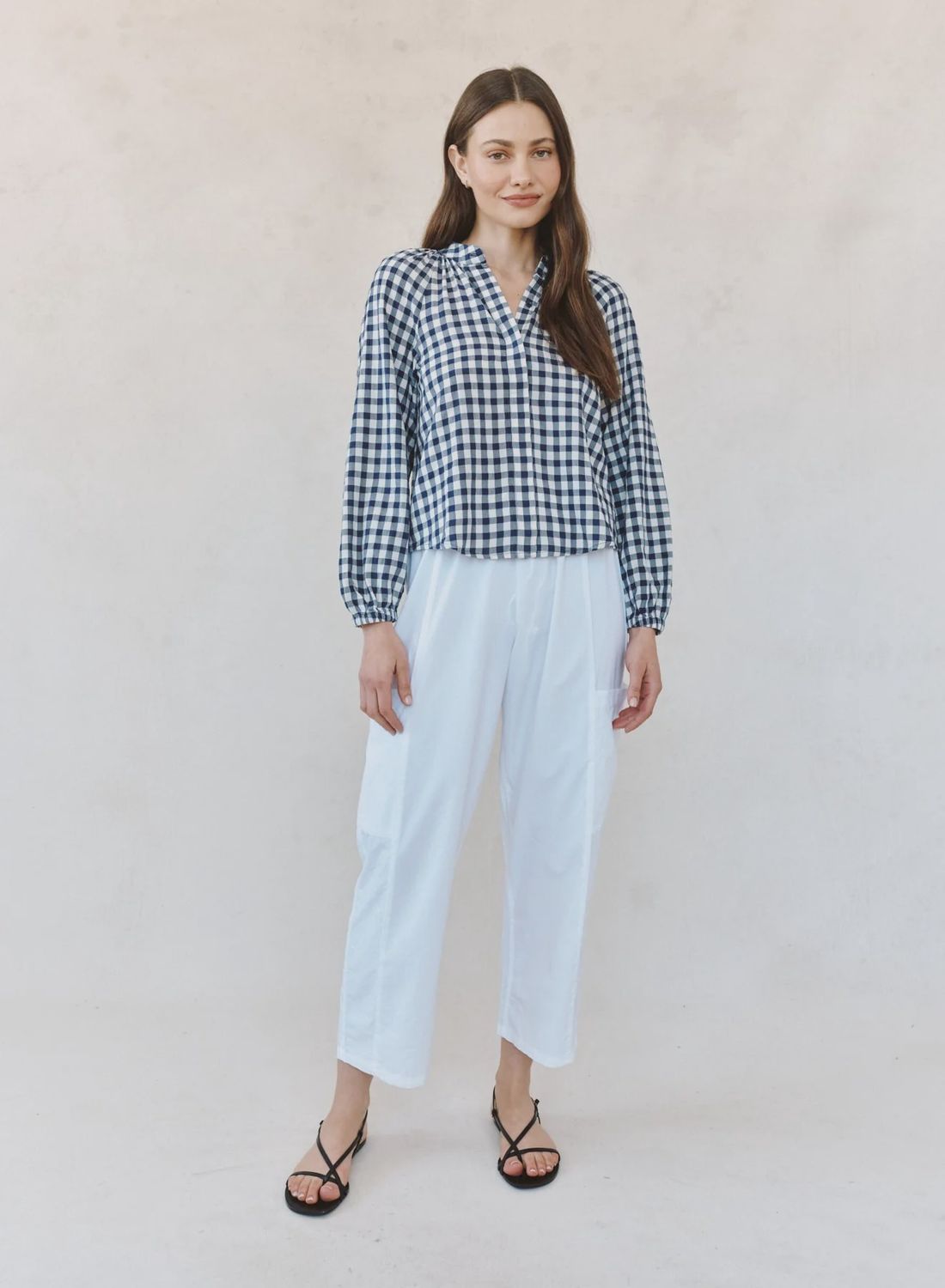 Long Sleeve Shirred Raglan Shirt Gingham