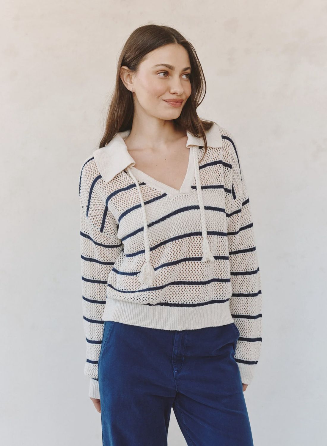 Tassel Tie Open Knit Sweater, COLOR: Ink Stripe, Size: XS