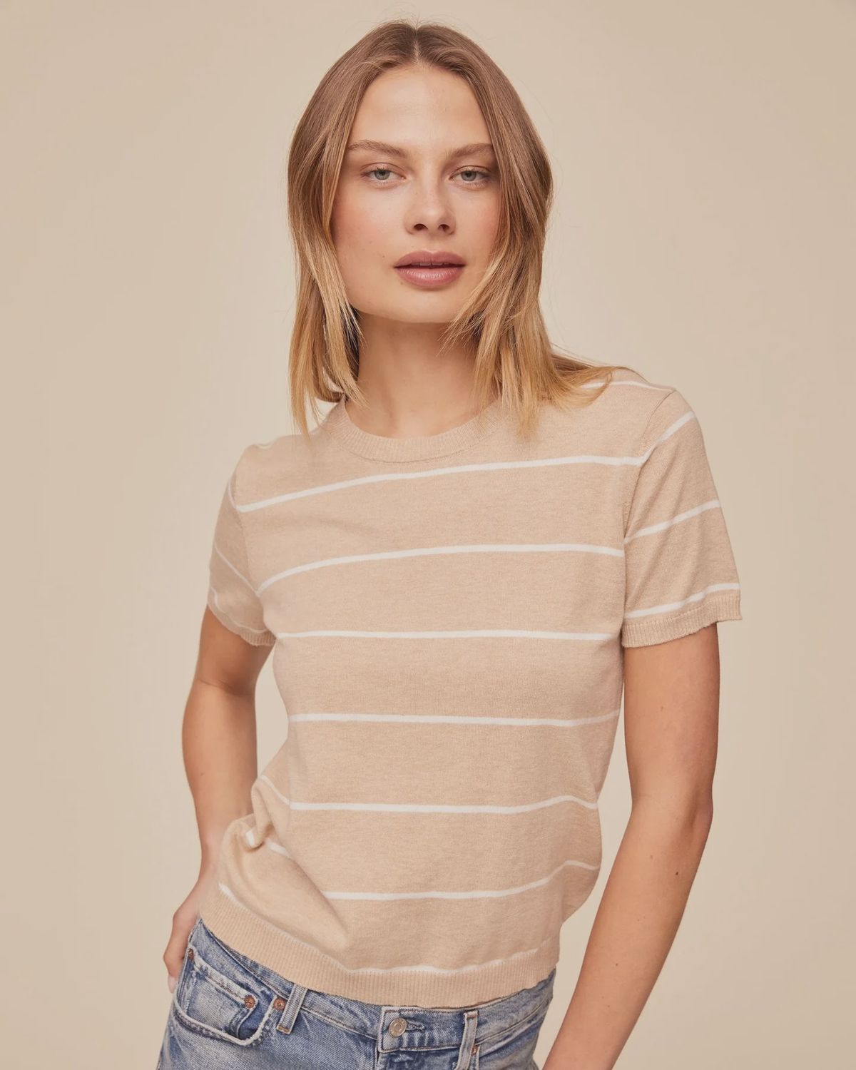 Short Sleeve Crewneck Knit Top, Colour: Sand Bar Stripe, Size: XS